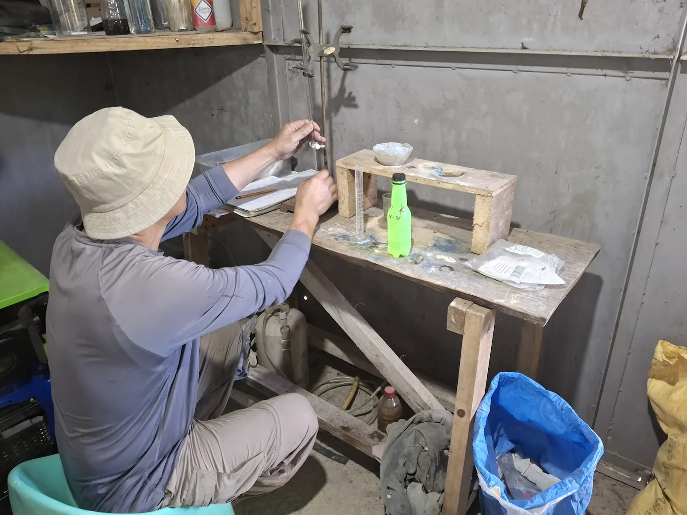 Small-scale gold extraction at a workbench
