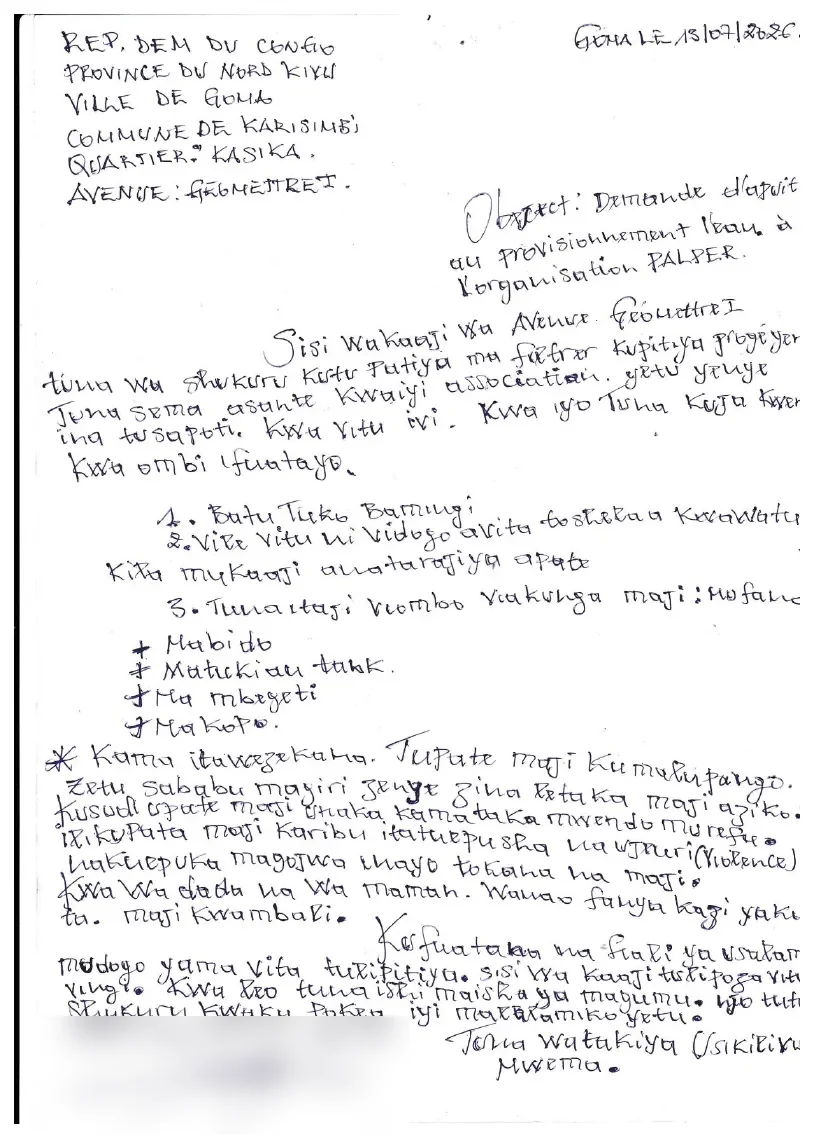 Handwritten letter in Swahili from residents of Avenue Geometre I in the Kasika neighborhood of Goma, dated July 13, 2026