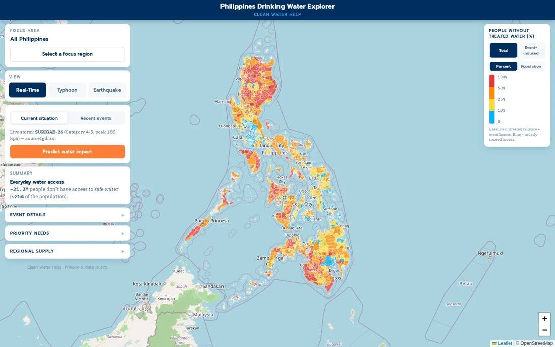 Screenshot of the prototype app in its everyday view: a map of the Philippines with areas shaded from blue to red by the share of people who rely on untreated water.